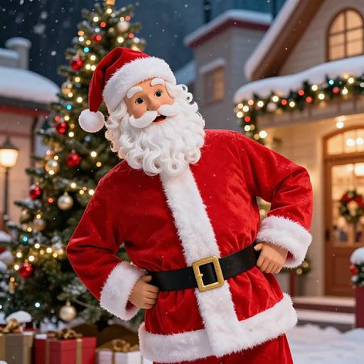 Photograph of a cheerful, cartoon-style Santa Claus in a red velvet suit with white fur trim, standing in a snowy, festive town at night,
