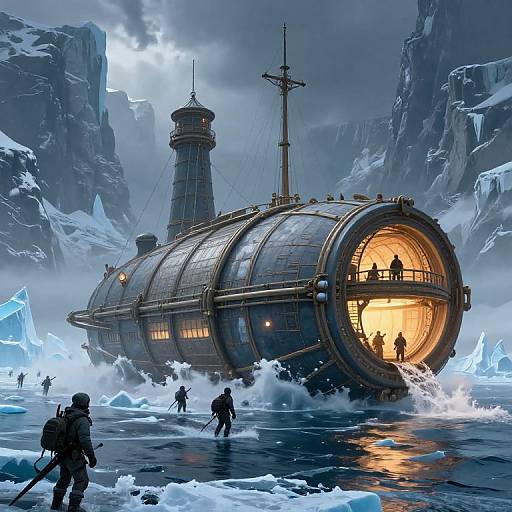 Digital artwork of a steampunk, cylindrical submarine emerging from icy waters, illuminated from within, surrounded by rugged, snow-covered cliffs. Adventurers in