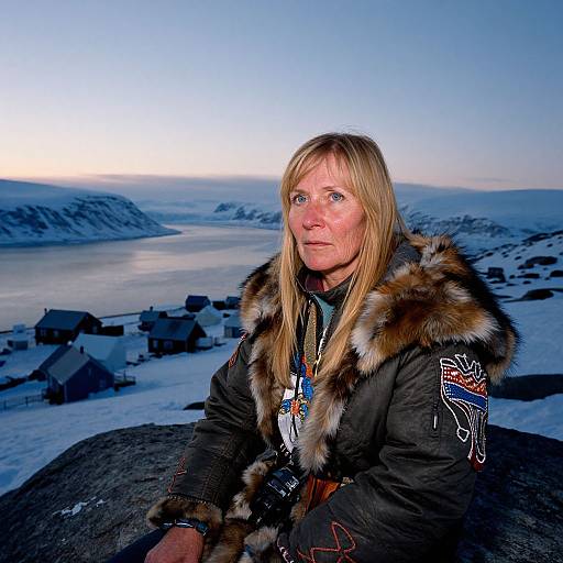 Photograph of a middle-aged blonde woman with fair skin, wearing a black fur-trimmed parka, standing on a snowy cliff overlooking a frozen