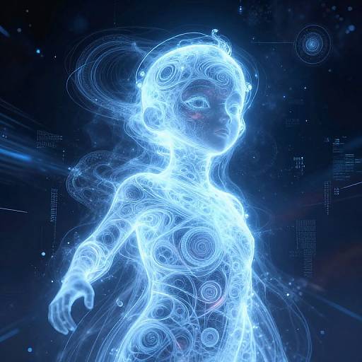 Digital CGI of a glowing, ethereal blue child figure with swirling lines, set against a dark, starry background. Neon blue light outlines the figure