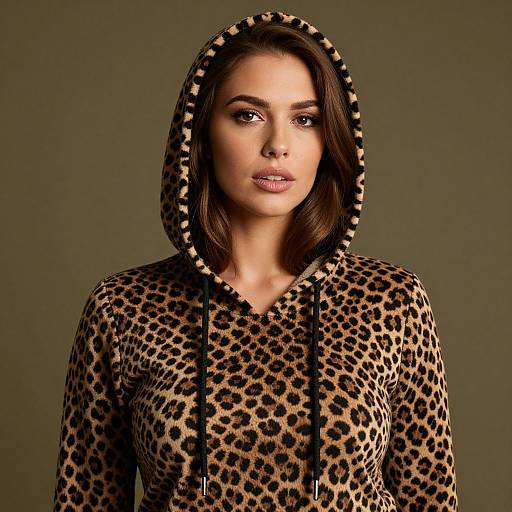 Photograph of a woman with medium skin tone and brown hair, wearing a leopard-print hooded jacket with a neutral gray background.