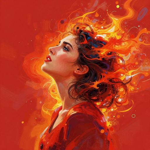 Digital painting of a woman with fiery, swirling hair against a vibrant red background, head tilted upward, eyes closed, wearing a red top. Her expression