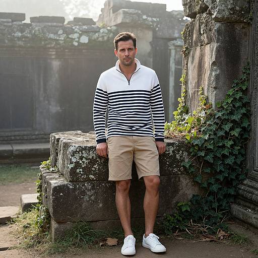 Photograph of a middle-aged man with short dark hair, wearing a striped long-sleeve shirt, beige shorts, and white sneakers, leaning against