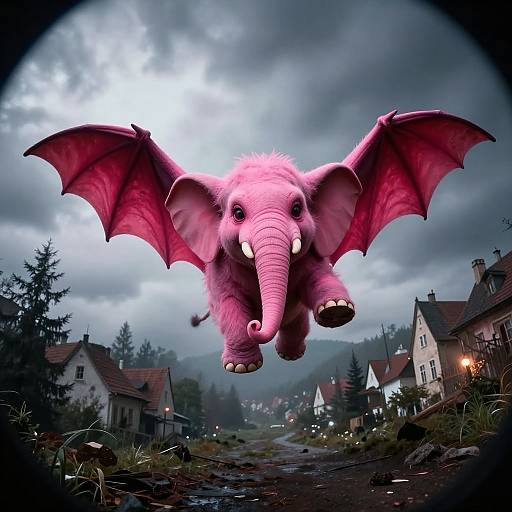 Digital artwork of a pink, winged elephant with large ears and trunk, flying over a stormy, rural village at dusk.
