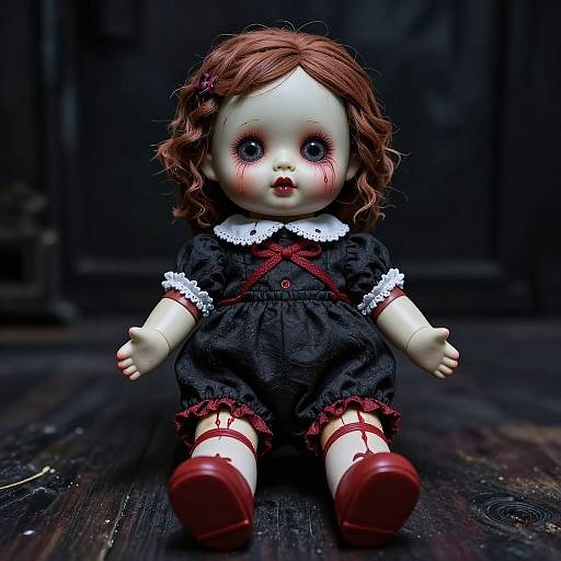 Photograph of a porcelain doll with red curly hair, black dress with red ribbon, white lace collar, and red shoes, sitting on dark wooden floor