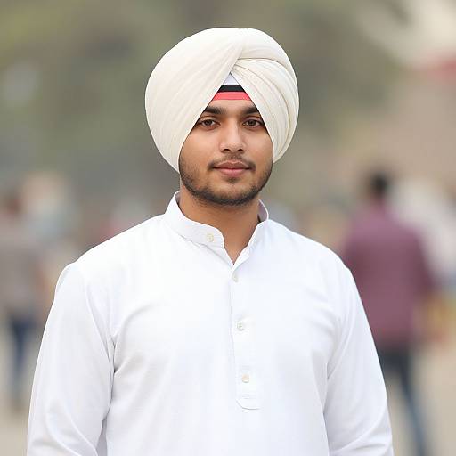 Photograph of a young South Asian man with a light brown complexion, wearing a white turban and white kurta, standing outdoors with a blurred background