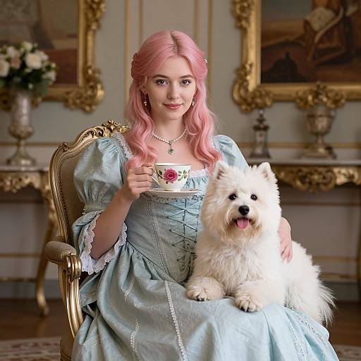 Photograph of a pink-haired woman in a blue, puffy-sleeved Renaissance dress, holding a rose-patterned teacup, with a