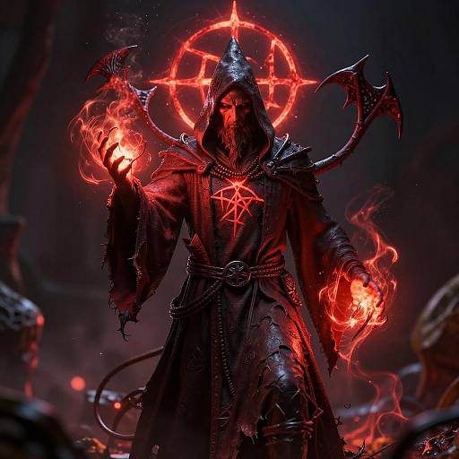 Digital art: Dark, menacing figure with horns, hood, and red pentagram, wielding glowing red fire, surrounded by a fiery halo and dark,
