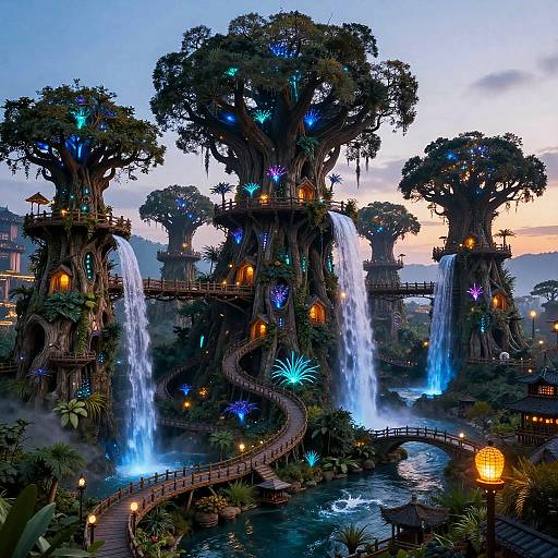 Fantastical digital artwork: glowing blue fairy lights on towering trees with twin waterfalls, winding wooden bridges, and luminous lanterns at twilight.