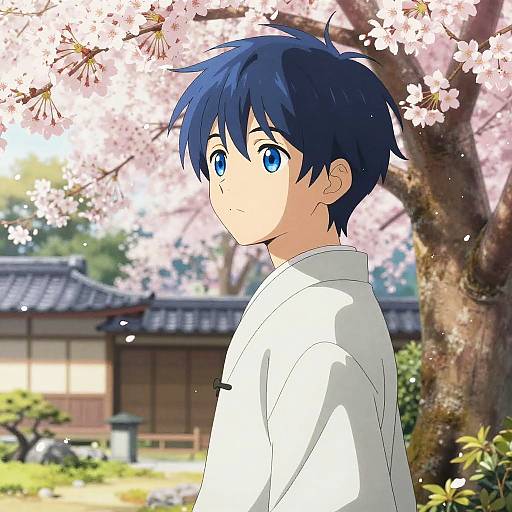 Anime-style digital drawing of a blue-haired boy with big blue eyes, wearing a white shirt, standing under blooming cherry blossoms. Traditional Japanese house