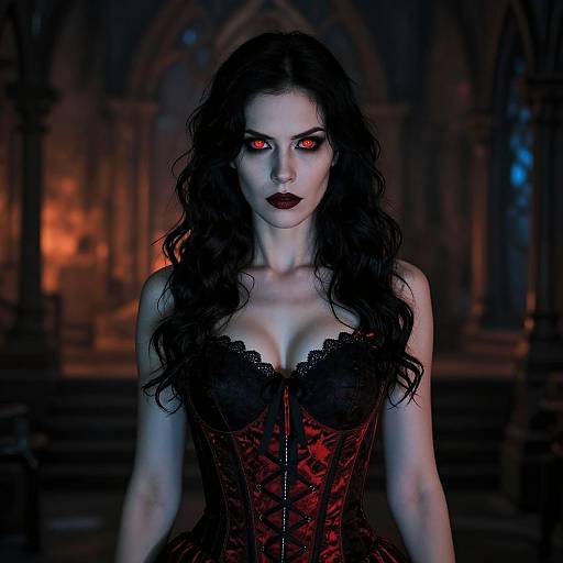 Photograph of a pale, dark-haired woman with glowing red eyes, wearing a black-laced red corset, standing in a dimly lit,