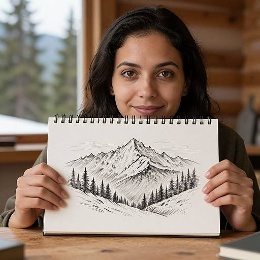 Photograph of a smiling woman with dark hair, holding a detailed black-and-white ink sketch of a mountain range with pine trees. Background includes wooden cabin
