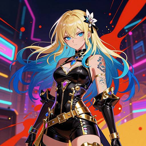 Digital anime-style artwork of a blonde, blue-eyed woman with long blue-tipped hair, wearing a black, gold-accented leather outfit, standing