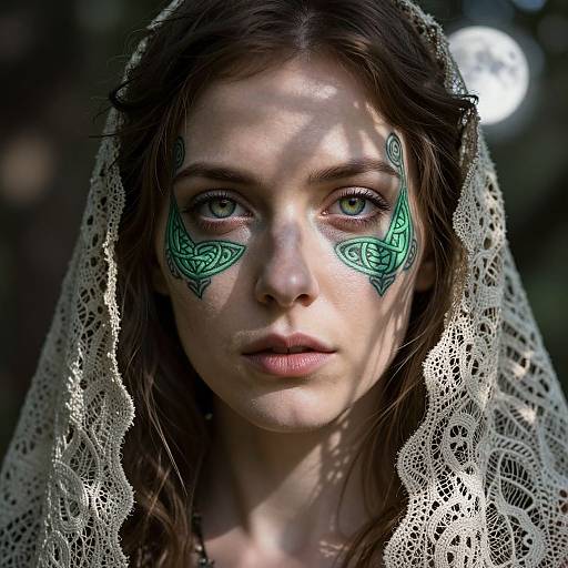 Photograph of a young woman with green tribal face paint, wearing a lace veil, looking intently into the camera, with dappled sunlight on