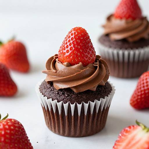 Photograph of chocolate cupcakes with swirled chocolate frosting, topped with a fresh strawberry, in white paper liners, on a white background.
