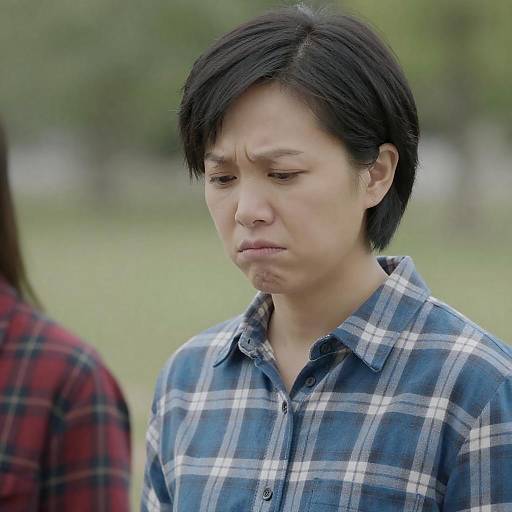 Pensive East Asian Woman in Blue Plaid Shirt