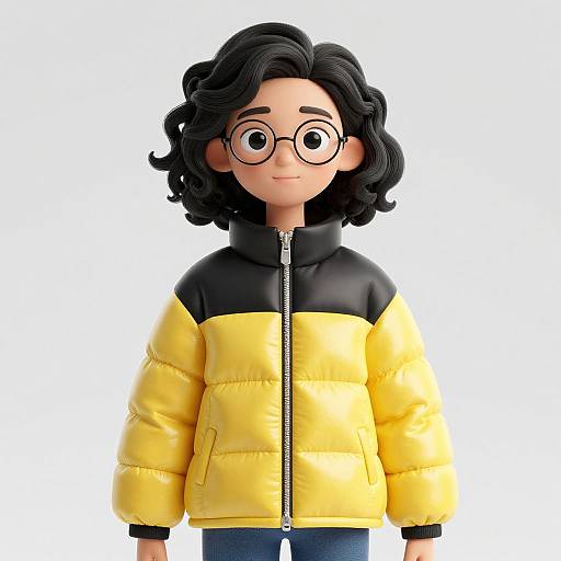 Photograph-style digital cartoon of a young girl with wavy black hair, round glasses, wearing a yellow and black puffy jacket.