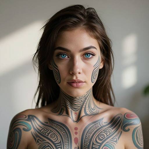 Photograph of a topless woman with blue eyes, dark brown hair, and extensive tribal tattoos on her face, neck, and chest. Soft natural