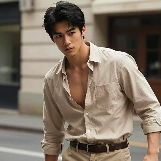 Photograph of a handsome young man with dark hair, light skin, wearing an unbuttoned beige shirt, and beige pants, standing on a street