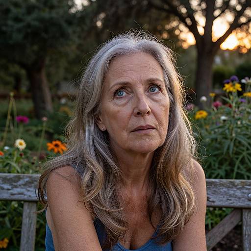 Photograph of a middle-aged woman with long, wavy gray hair and blue eyes, gazing upward in a sunlit garden with colorful flowers and