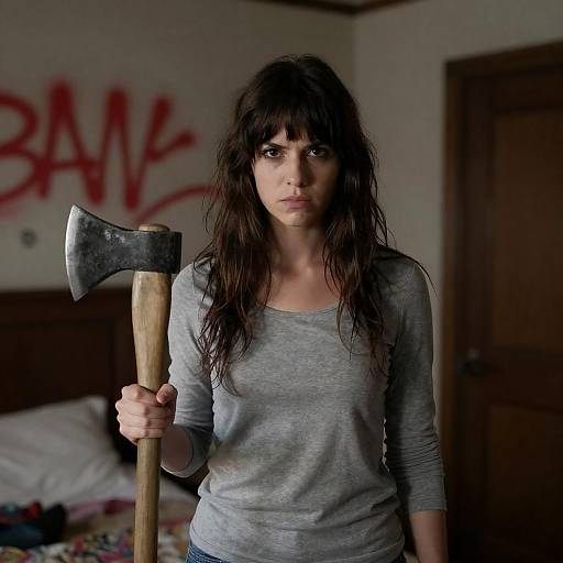 Intense Woman with Axe in Dim Room