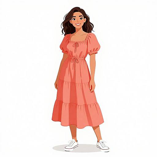 Illustration of a smiling woman with wavy dark hair, wearing a pink, puffed-sleeve, layered dress and white sneakers, standing against