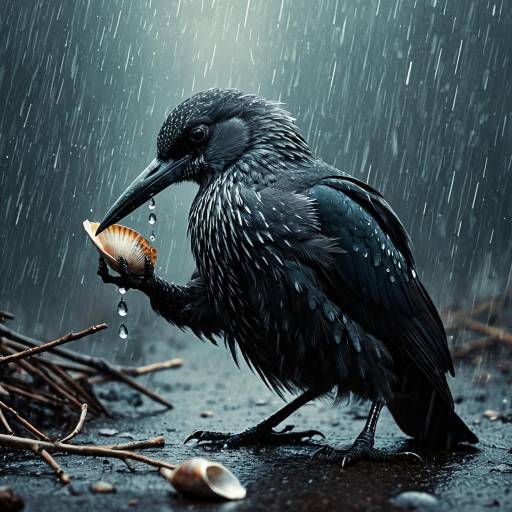 Bird-like Creature Holding Shell in Rain