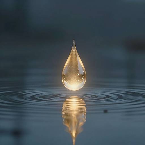 Photograph of a single, glowing water droplet perfectly centered, reflecting light on a calm, rippled blue water surface at night.
