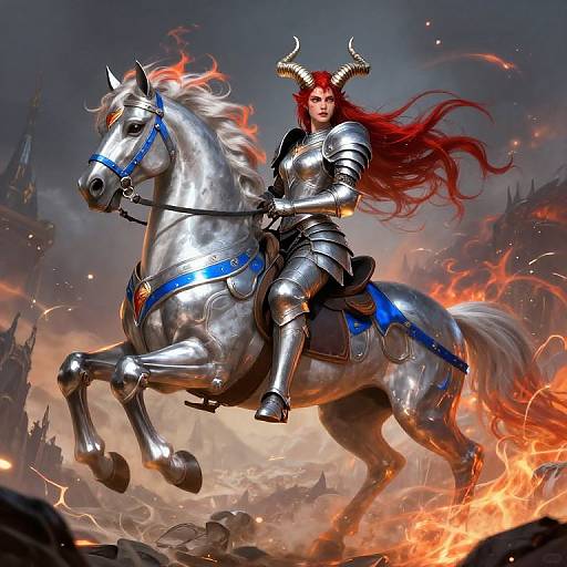 Digital fantasy artwork of a red-haired, horned armored warrior riding a silver, fiery-maned horse against a burning, medieval castle backdrop.