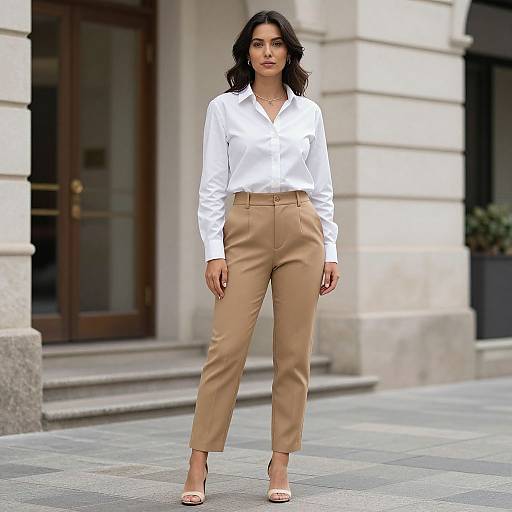 Photograph of a dark-haired woman in a white blouse, tan high-waisted pants, and beige heels, standing confidently in an urban setting with