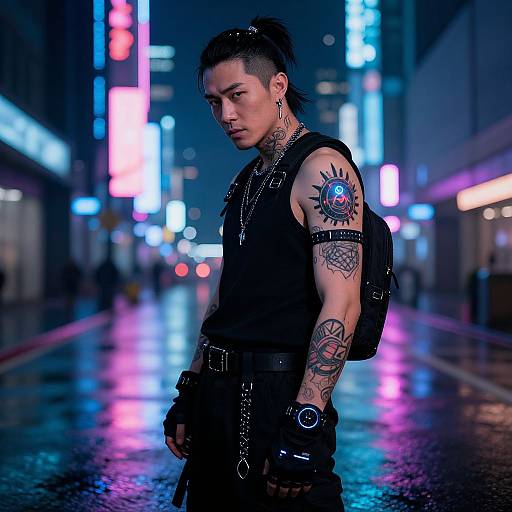 Photograph of a tattooed, Asian man with a topknot, black sleeveless shirt, leather straps, and backpack, standing in a neon