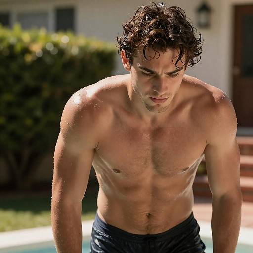 Wet Shirtless Man Leaning On Surface