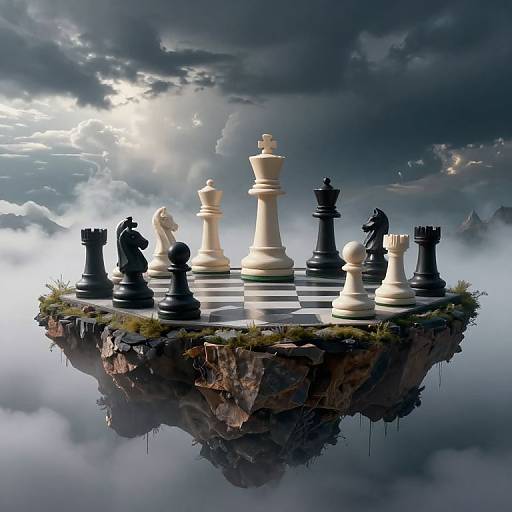Photograph-like digital art of a floating chessboard with large black and white pieces on a rocky island, surrounded by misty clouds and dramatic, sun