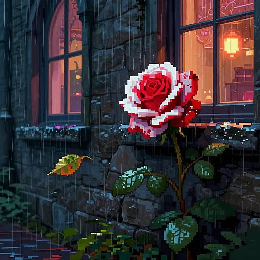 Pixel art of a red and white rose in rain, in front of a lit, arched window with warm orange light. Dark stone wall background.