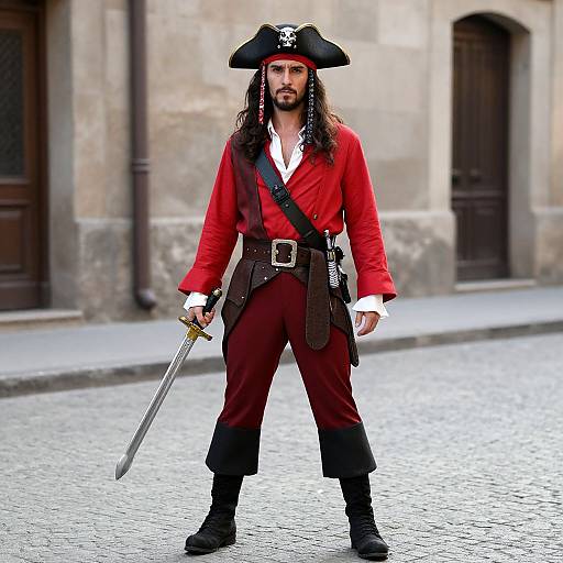 Photograph of a bearded man with long dark hair, wearing a red pirate coat, black tricorn hat, brown pants, and boots, holding