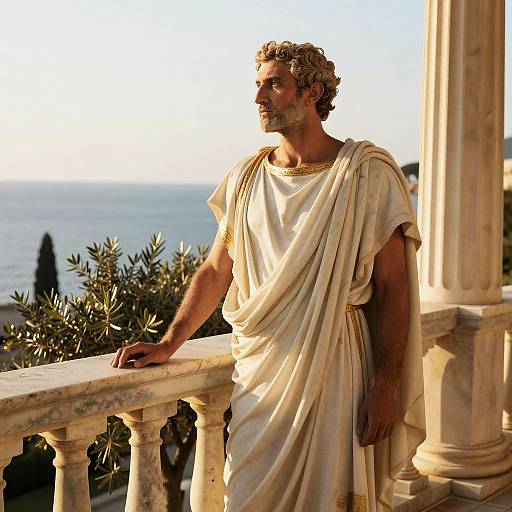 Photograph of a bearded, curly-haired man in a classic Greek-style white toga, leaning on a marble balcony, overlooking a sunlit sea