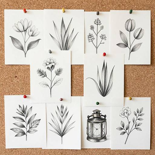 Black-and-white botanical ink drawings of various plants, pinned to a corkboard with colored pushpins, including a small lantern illustration. Photographic image.