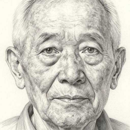 Detailed black and white pencil drawing of an elderly man with wrinkles, short gray hair, and a serious expression on a white background.