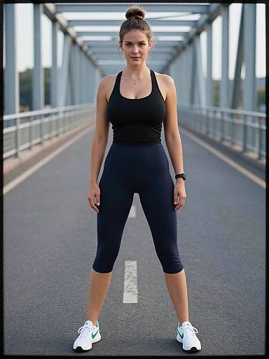 Photograph of a fit, athletic woman with a bun, wearing a black sports tank and capri leggings, white sneakers, standing on an empty bridge