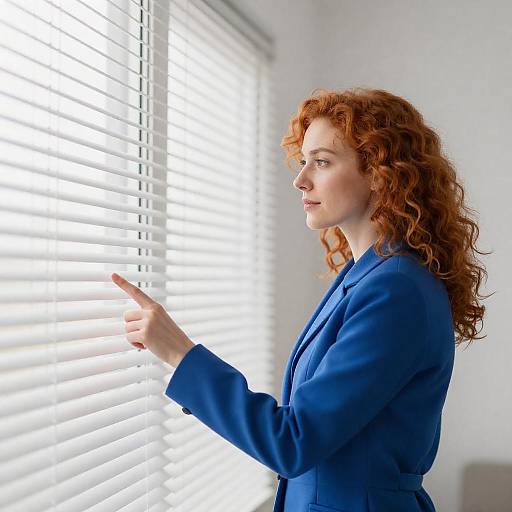 Woman in Blue Coat by Bright Window