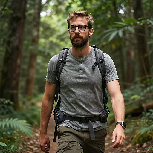 Bearded Man Hiking in Green Forest