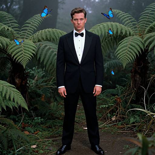 Photograph of a serious man in a black tuxedo and bow tie, standing in a misty forest with vibrant blue butterflies around green ferns