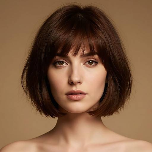 Photorealistic portrait of a young woman with short, brown, textured hair and fair skin, set against a beige background.