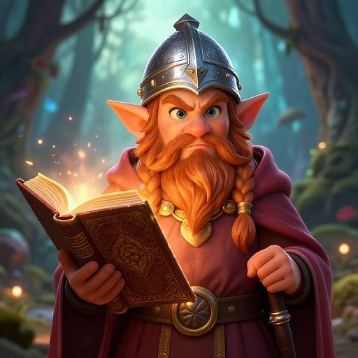 CGI fantasy image of a bearded, blue-eyed elf wizard with pointed ears, wearing a metallic helmet and purple robe, reading a glowing enchanted book