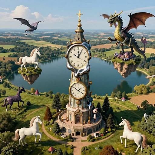 Fantasy scene: Clock tower with two clocks, surrounded by flying dragons, white unicorns, and floating islands over a picturesque lake and countryside. Phot