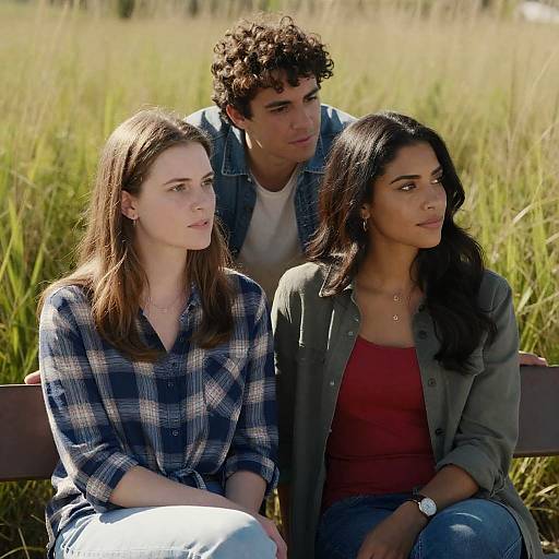 Photograph of three young adults sitting outdoors on a bench; two women in checkered and olive shirts, one man with curly hair behind them, all