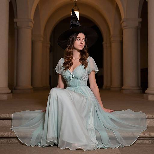 Photograph of a fair-skinned woman with long brown hair, wearing a light blue, sheer, V-neck gown and black hat, seated on stone