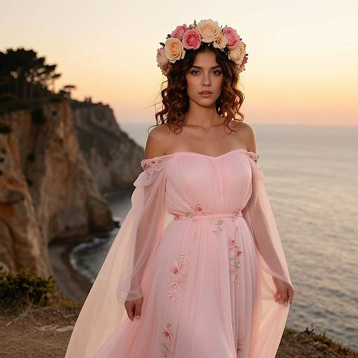 Young Woman in Floral Crown by Seaside