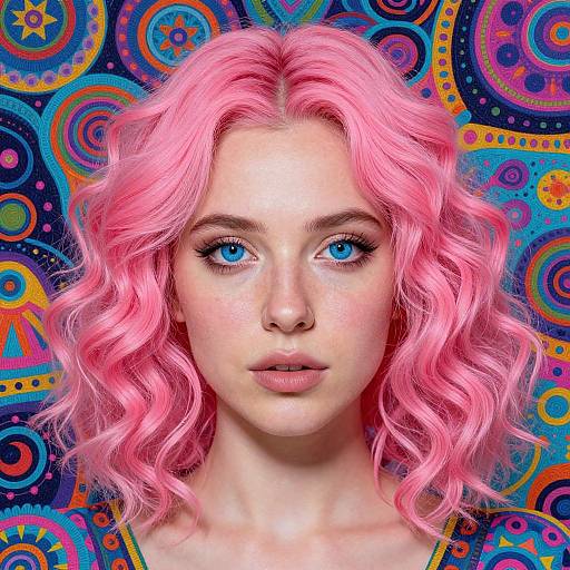 Digital portrait of a young woman with vibrant pink curly hair, blue eyes, and fair skin against a colorful, psychedelic background.