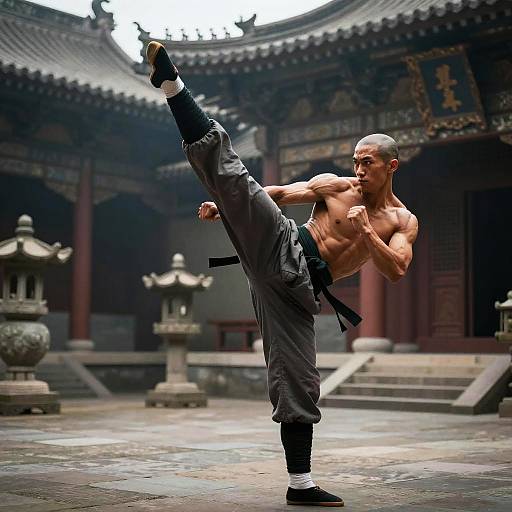 Dynamic Martial Artist in Ancient Courtyard